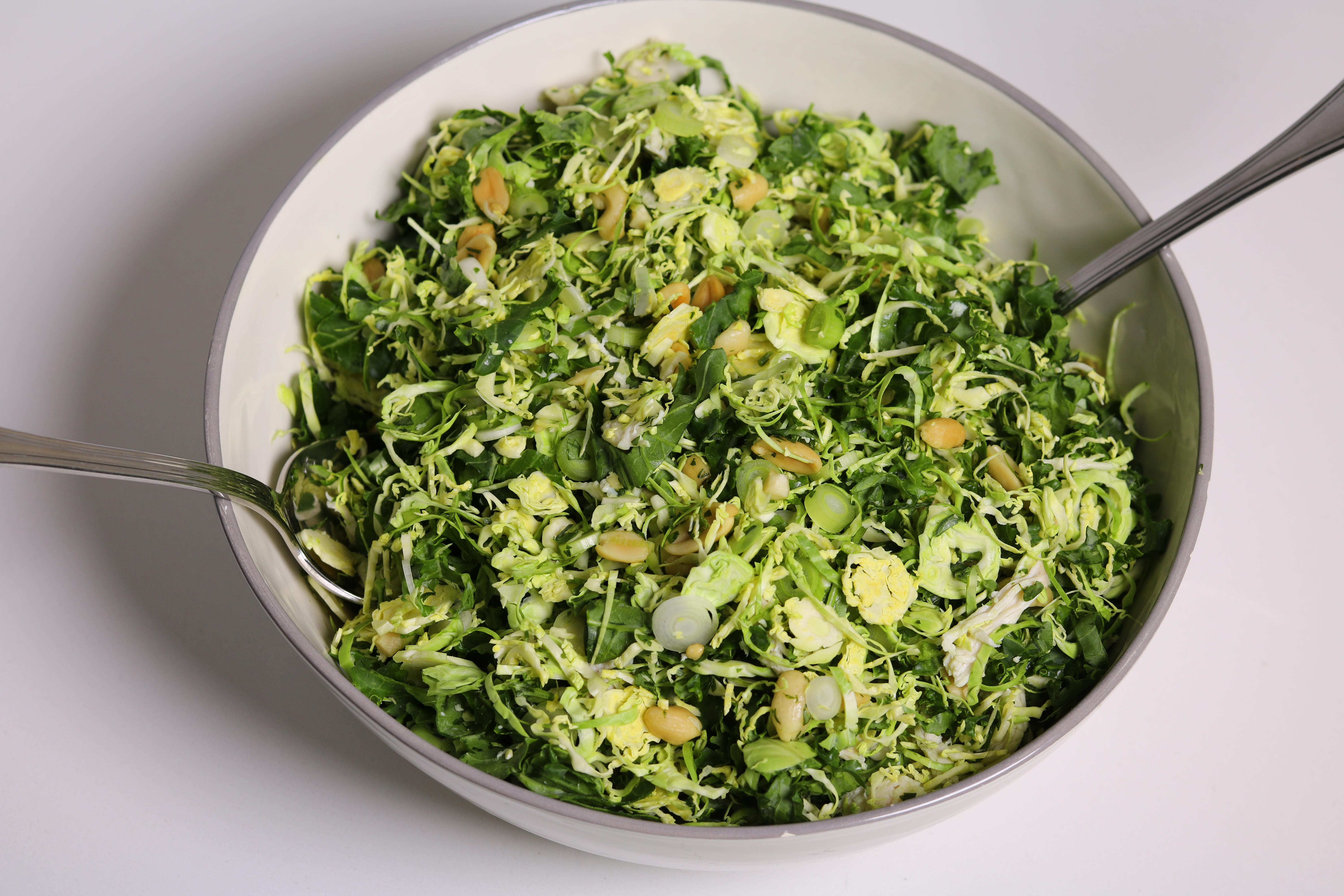 Kale and Brussels Sprout Salad with Ginger Miso Dressing - Three Hungry ...